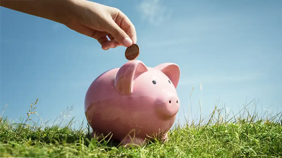 Hand putting coin into piggy bank