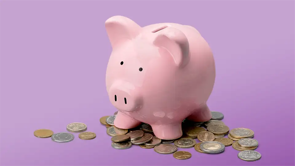 Piggy bank with coins - with background